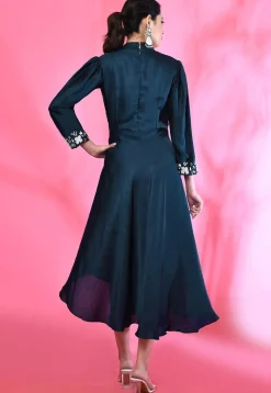 Embroidered Art Silk Aline Dress in Navy Blue