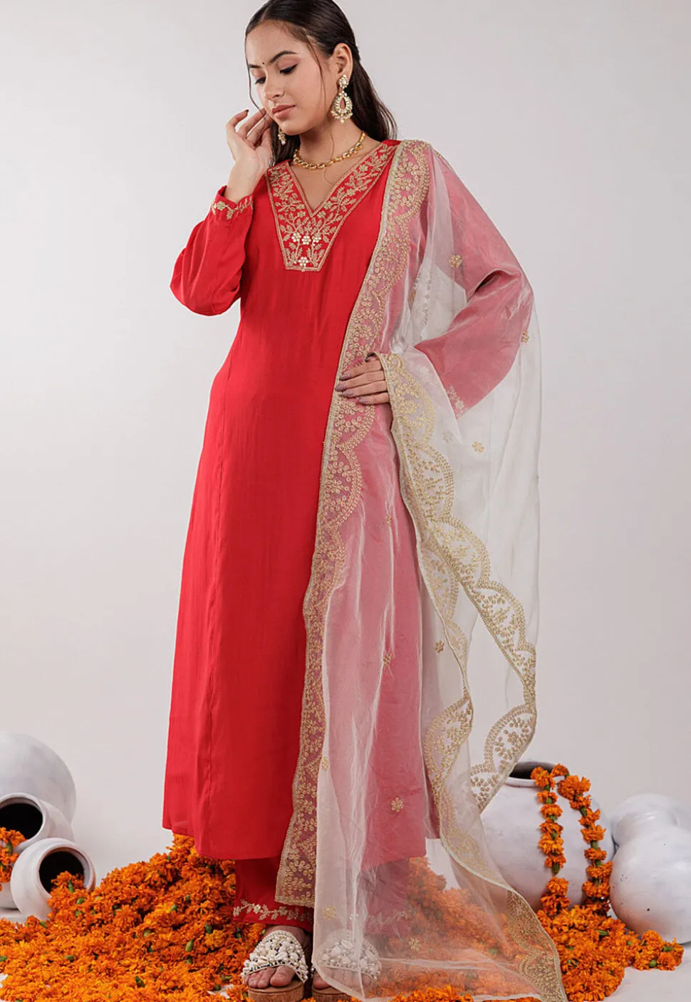 Embroidered Art Silk Aline Suit in Red