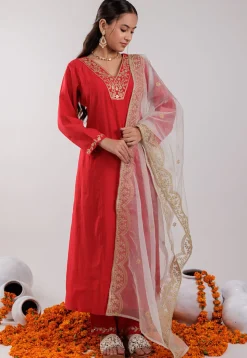 Embroidered Art Silk Aline Suit in Red
