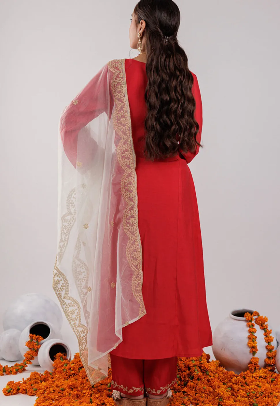 Embroidered Art Silk Aline Suit in Red