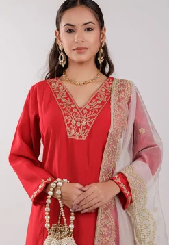 Embroidered Art Silk Aline Suit in Red
