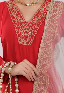 Embroidered Art Silk Aline Suit in Red