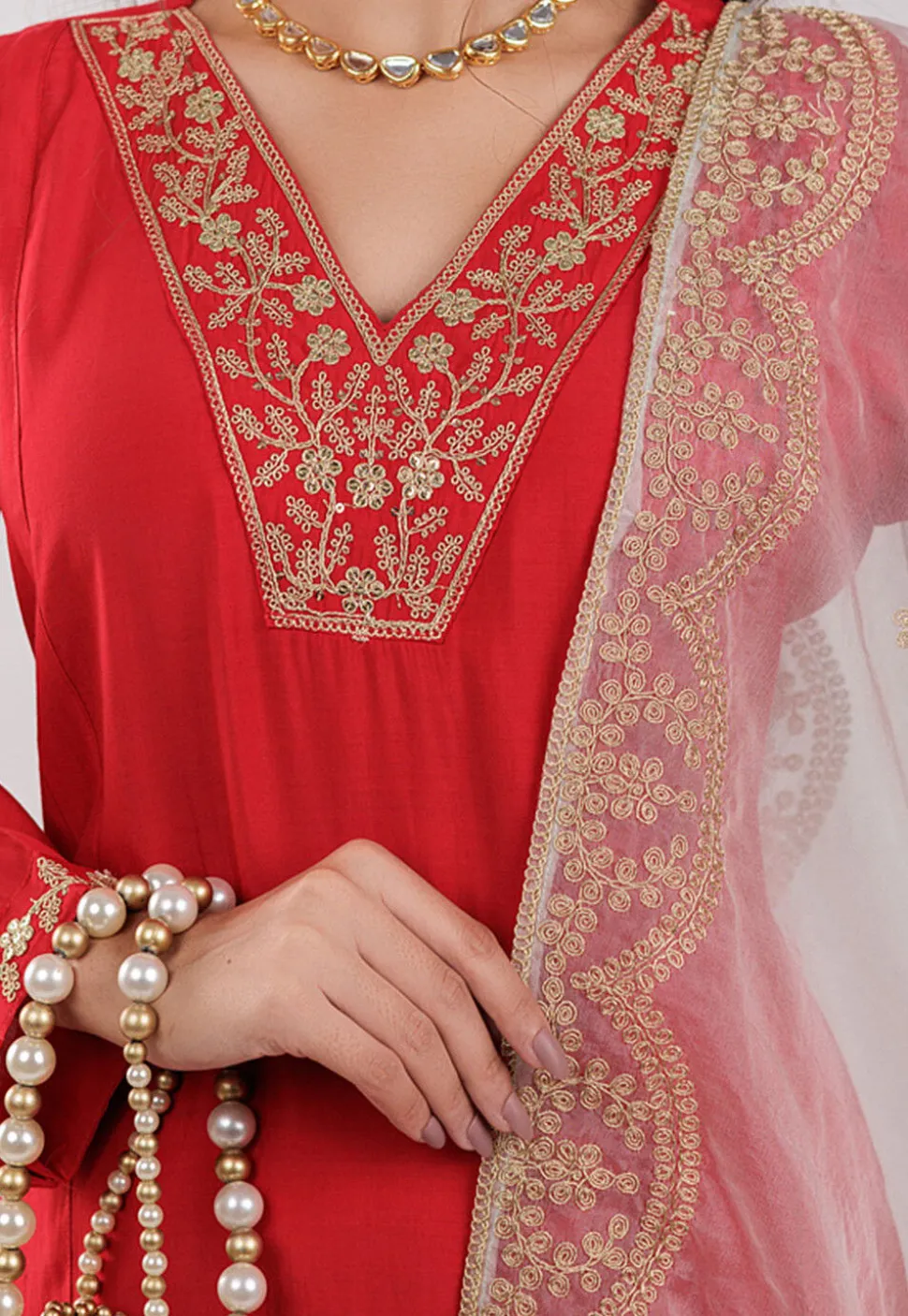 Embroidered Art Silk Aline Suit in Red