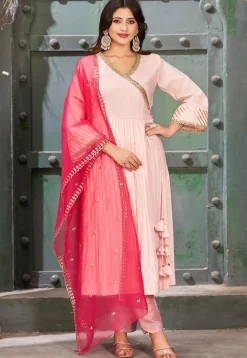 Embroidered Art Silk Aline Suit in Baby Pink