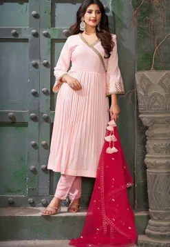 Embroidered Art Silk Aline Suit in Baby Pink