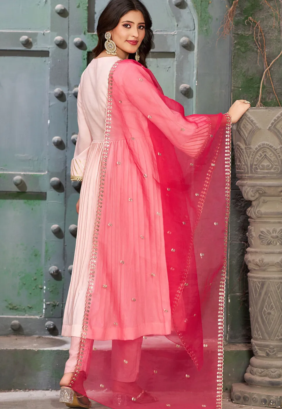 Embroidered Art Silk Aline Suit in Baby Pink