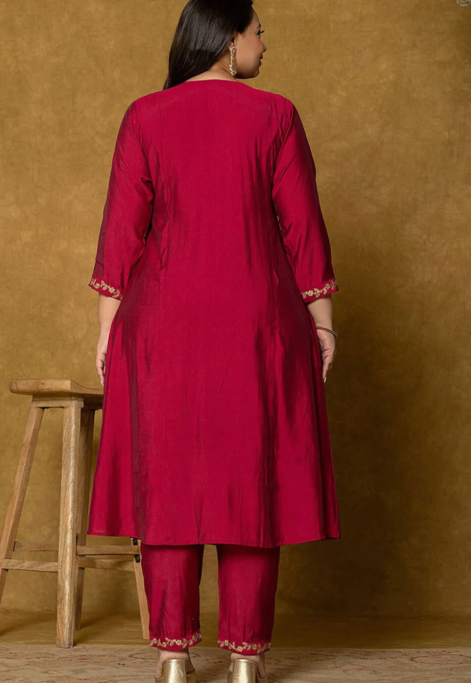 Embroidered Art Silk Aline Suit in Fuchsia