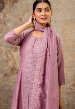 Embroidered Art Silk Anarkali Suit in Dusty Purple