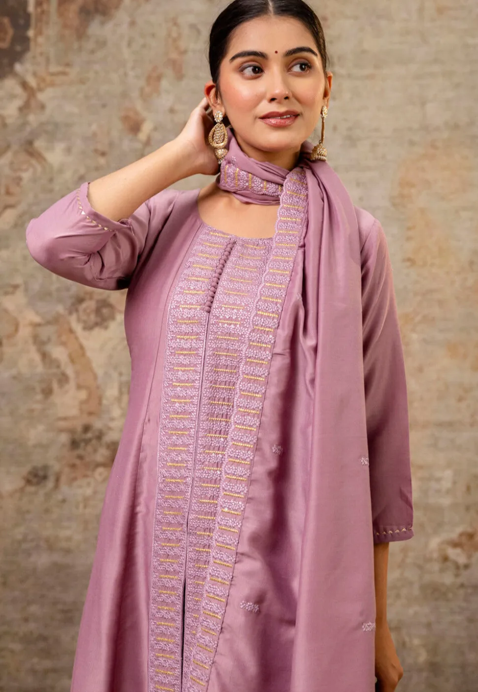 Embroidered Art Silk Anarkali Suit in Dusty Purple