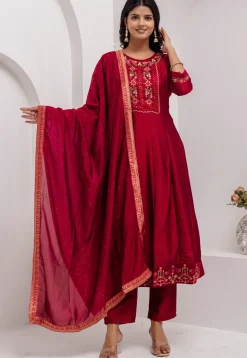 Embroidered Art Silk Anarkali Suit in Red