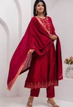 Embroidered Art Silk Anarkali Suit in Red