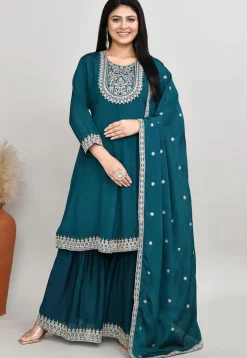 Embroidered Art Silk Anarkali Suit in Teal Blue