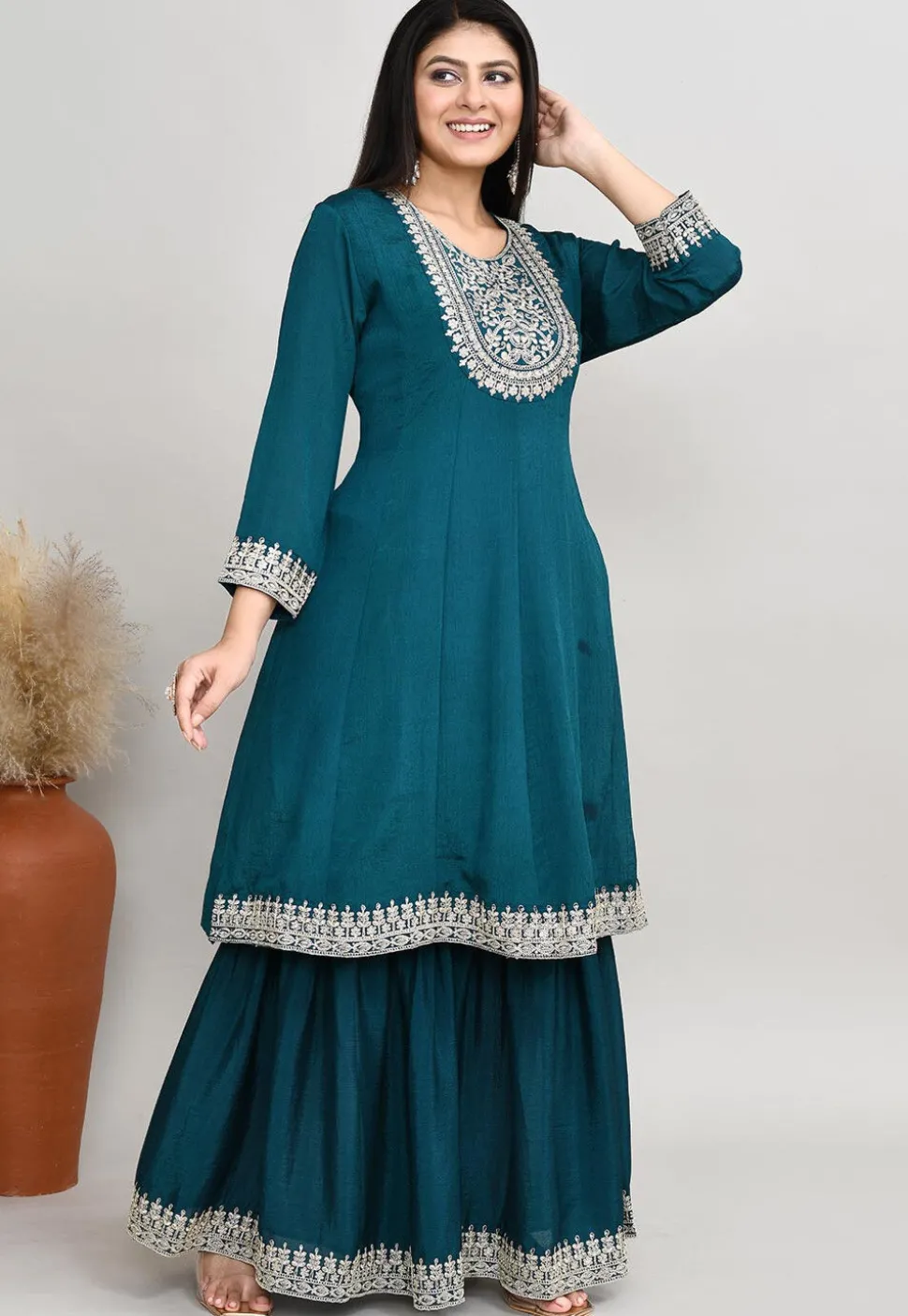 Embroidered Art Silk Anarkali Suit in Teal Blue