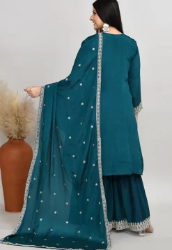 Embroidered Art Silk Anarkali Suit in Teal Blue