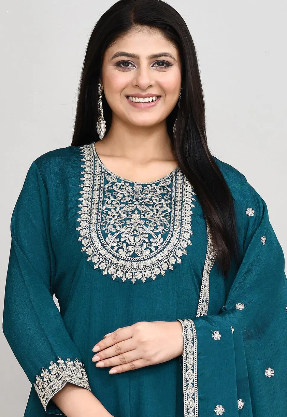 Embroidered Art Silk Anarkali Suit in Teal Blue