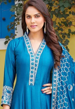 Embroidered Art Silk Anarkali Suit in Blue