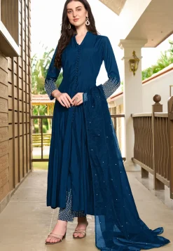 Embroidered Art Silk Anarkali Suit in Blue