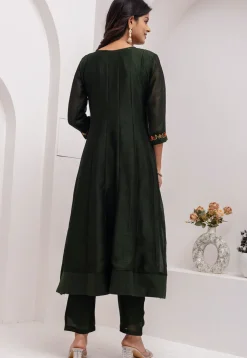 Embroidered Art Silk Anarkali Suit in Dark Olive Green