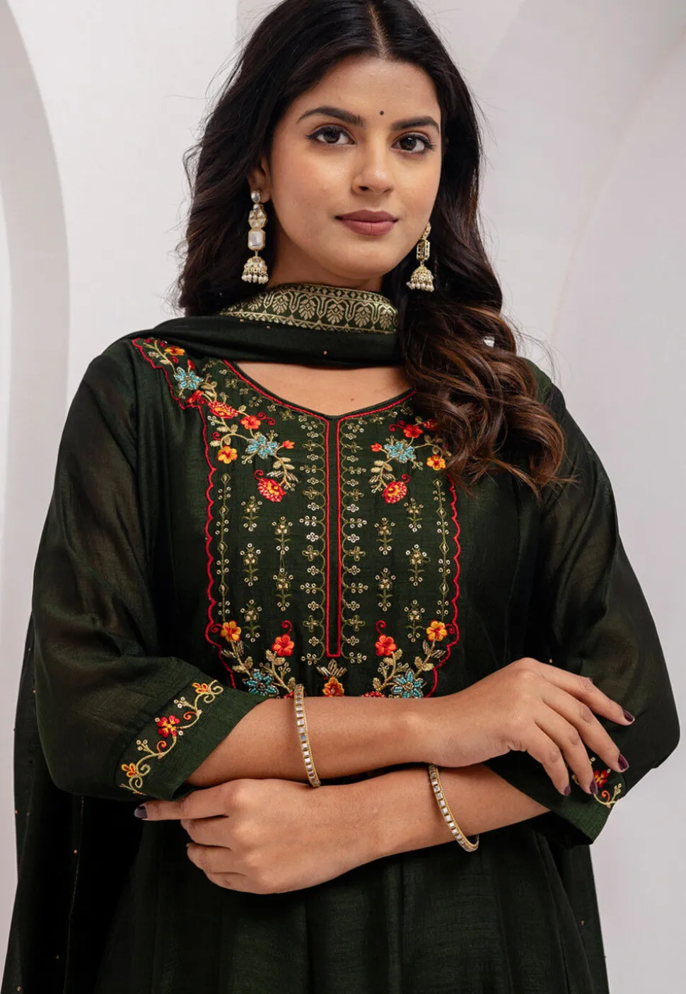 Embroidered Art Silk Anarkali Suit in Dark Olive Green
