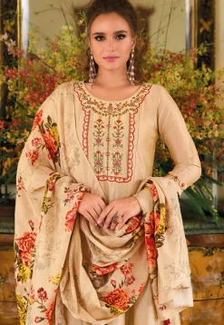 Embroidered Art Silk Anarkali Suit in Beige