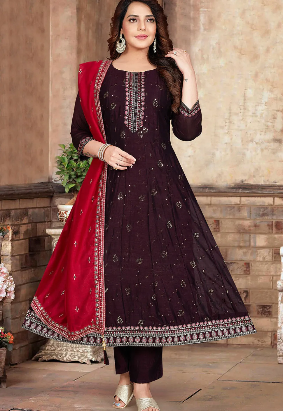 Embroidered Art Silk Anarkali Suit in Wine