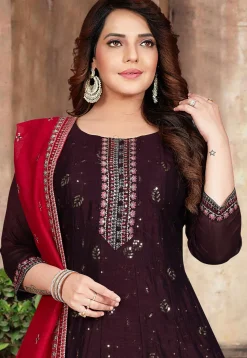 Embroidered Art Silk Anarkali Suit in Wine