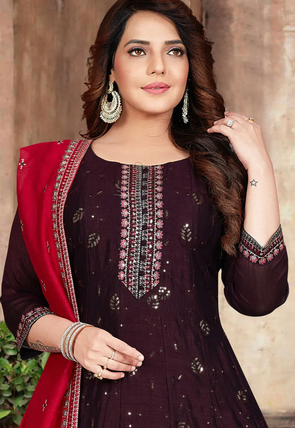 Embroidered Art Silk Anarkali Suit in Wine