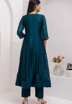 Embroidered Art Silk Anarkali Suit in Teal Blue