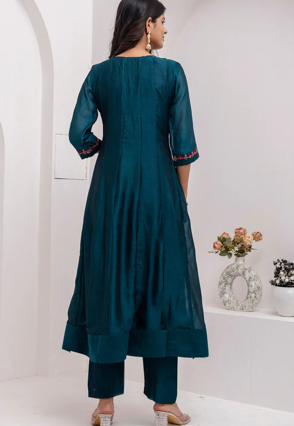 Embroidered Art Silk Anarkali Suit in Teal Blue