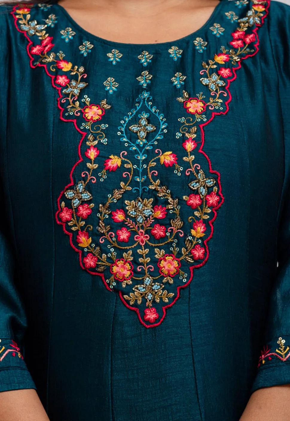 Embroidered Art Silk Anarkali Suit in Teal Blue