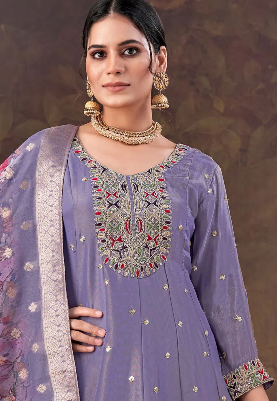 Embroidered Art Silk Anarkali Suit in Purple