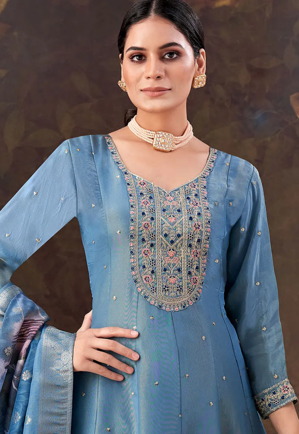 Embroidered Art Silk Anarkali Suit in Blue