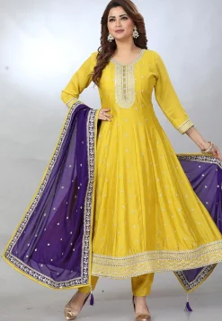 Embroidered Art Silk Anarkali Suit in Yellow