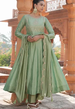 Embroidered Art Silk Anarkali Suit in Light Green