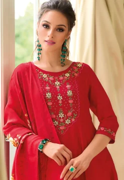 Embroidered Art Silk Anarkali Suit in Red