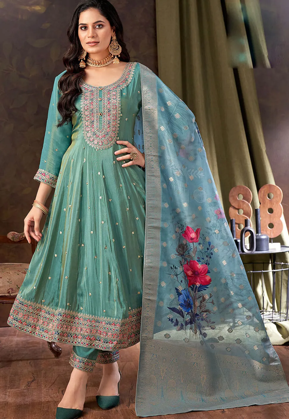 Embroidered Art Silk Anarkali Suit in Teal Green