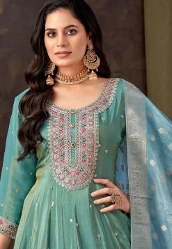 Embroidered Art Silk Anarkali Suit in Teal Green
