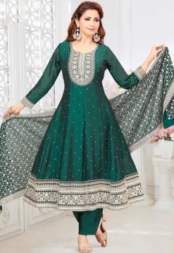 Embroidered Art Silk Anarkali Suit in Dark Green