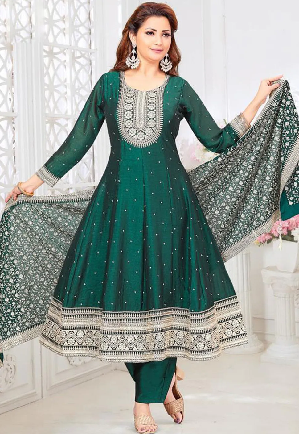 Embroidered Art Silk Anarkali Suit in Dark Green