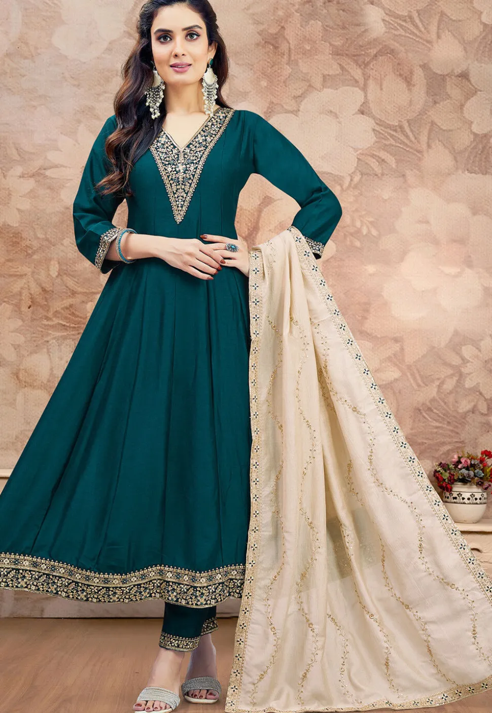 Embroidered Art Silk Anarkali Suit in Teal Green
