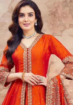 Embroidered Art Silk Anarkali Suit in Orange