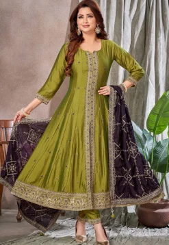 Embroidered Art Silk Anarkali Suit in Green