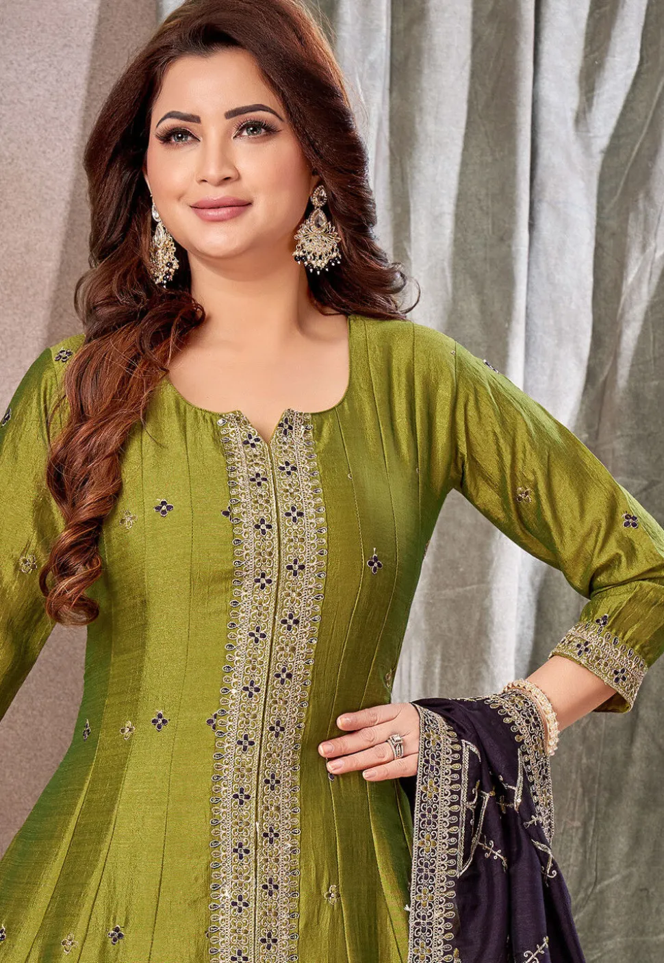 Embroidered Art Silk Anarkali Suit in Green