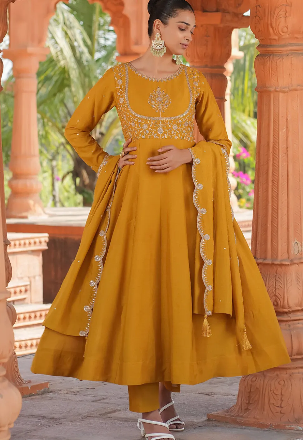 Embroidered Art Silk Anarkali Suit in Mustard