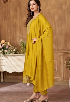 Embroidered Art Silk Anarkali Suit in Mustard