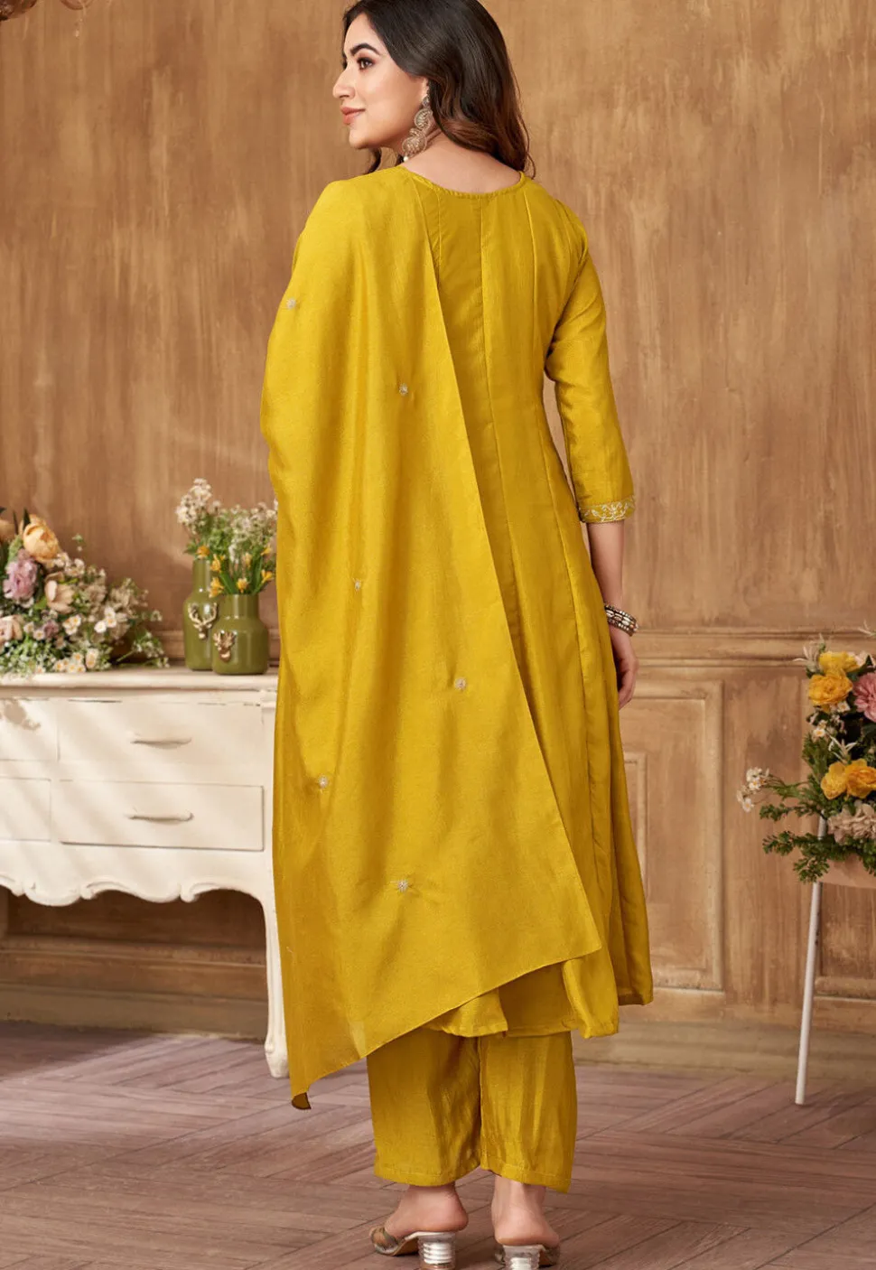 Embroidered Art Silk Anarkali Suit in Mustard
