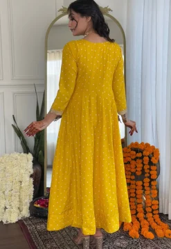 Embroidered Art Silk Anarkali Suit in Mustard