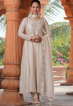 Embroidered Art Silk Anarkali Suit in Cream