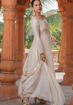 Embroidered Art Silk Anarkali Suit in Cream