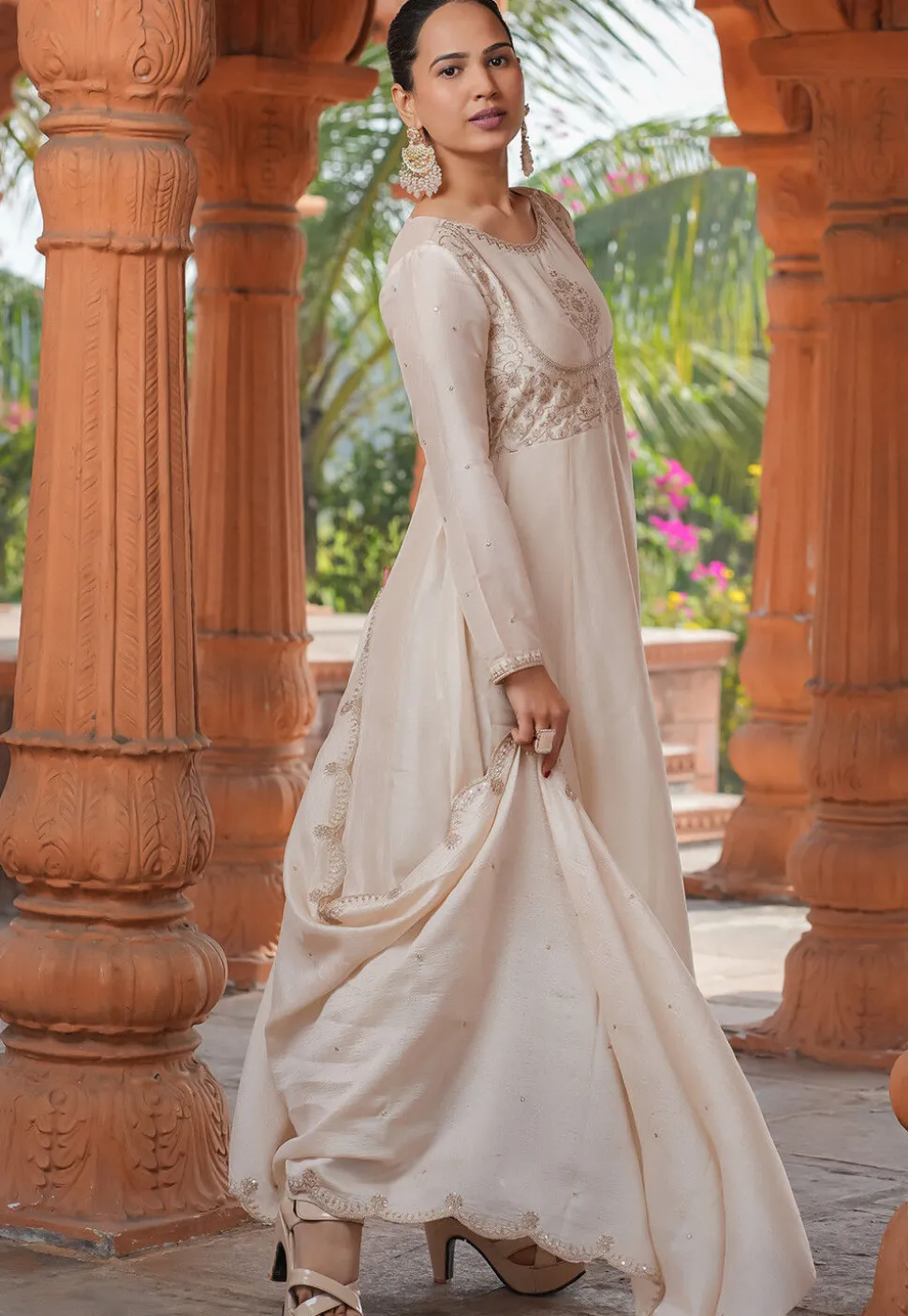 Embroidered Art Silk Anarkali Suit in Cream